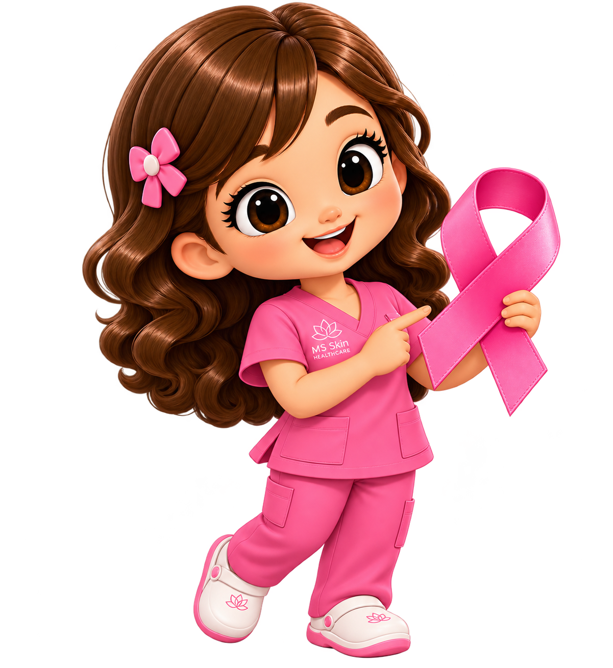 Nina, mascote da MS Skin, com laço rosa